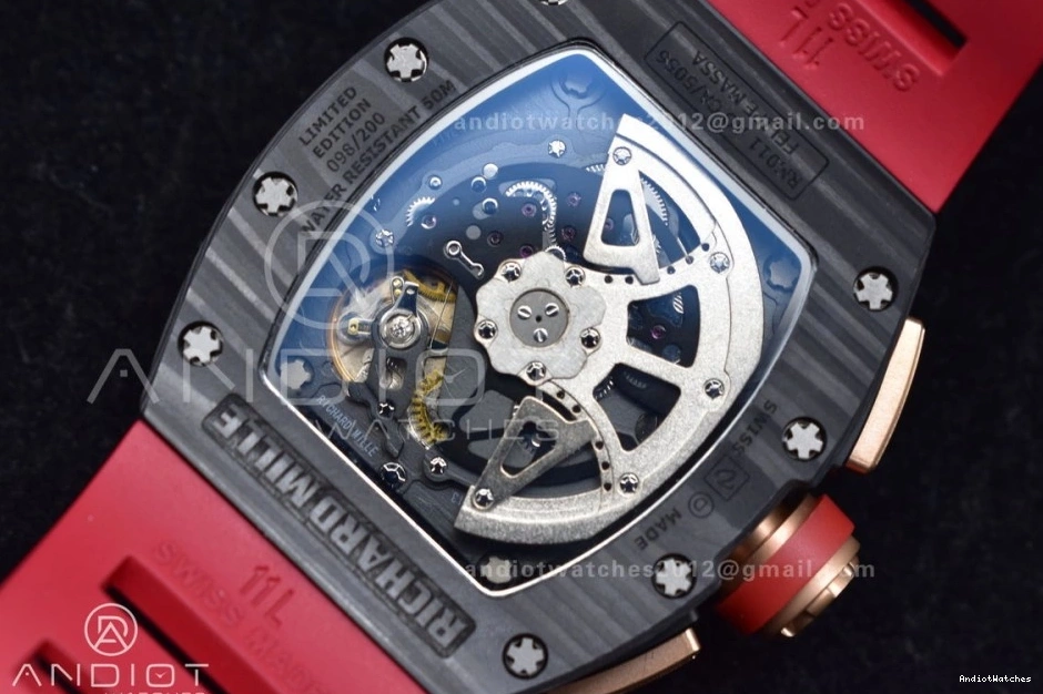 1:1 KVF Best NTPT Red on Dial Edition 1020 Strap Chrono A7750 RM011 Rubber ModernLook Crystal V Lotus 0215